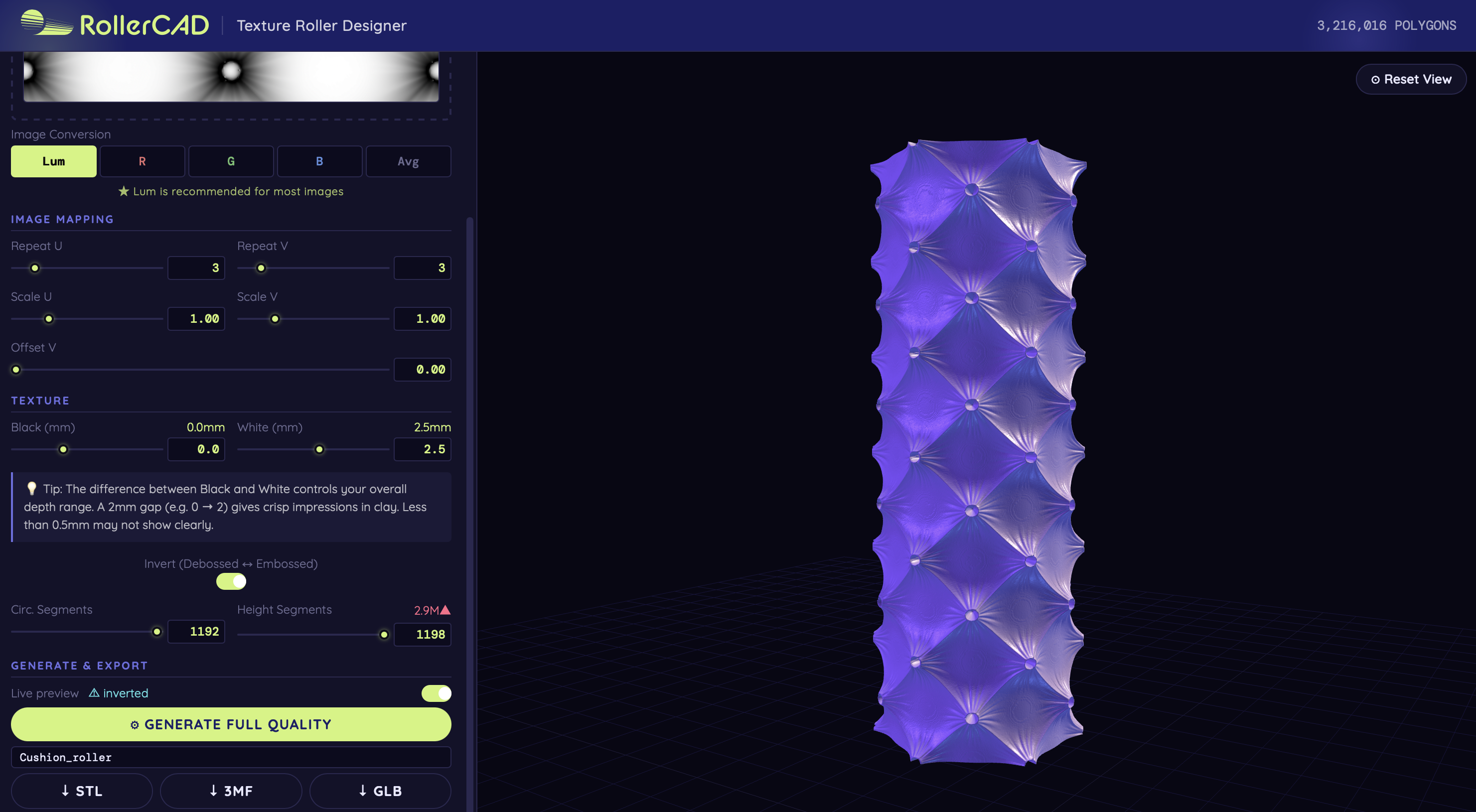 RollerCAD texture roller designer screenshot